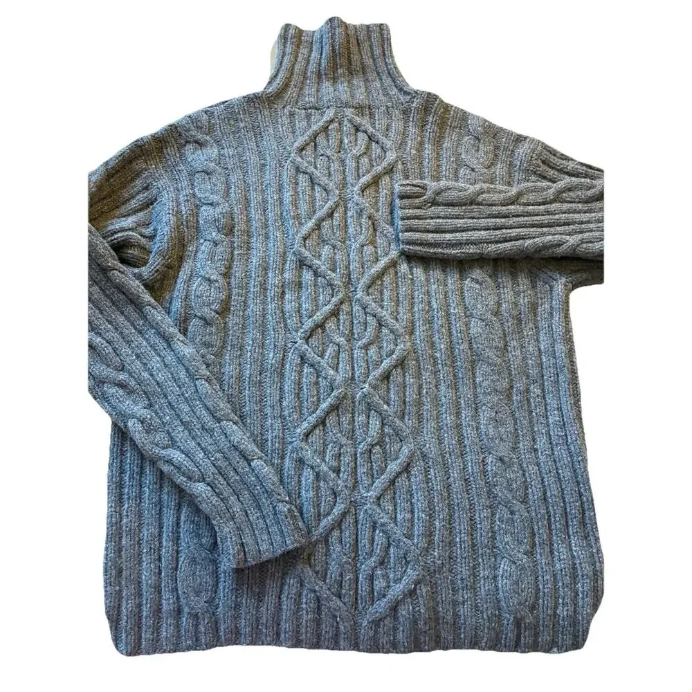 VTG Mens L Turtleneck Fisherman Gray Wool Sweater Diamond Chunky 100% Lambswool